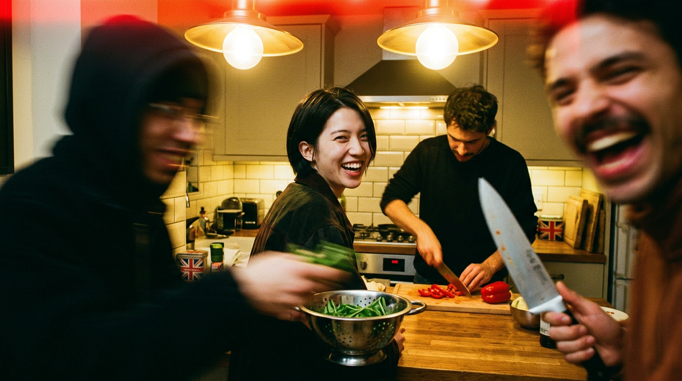 Friends cooking together in a warm kitchen, laughing